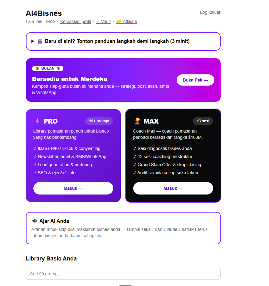 Dashboard AI4Bisnes: kempen bulanan dan tier PRO dan MAX