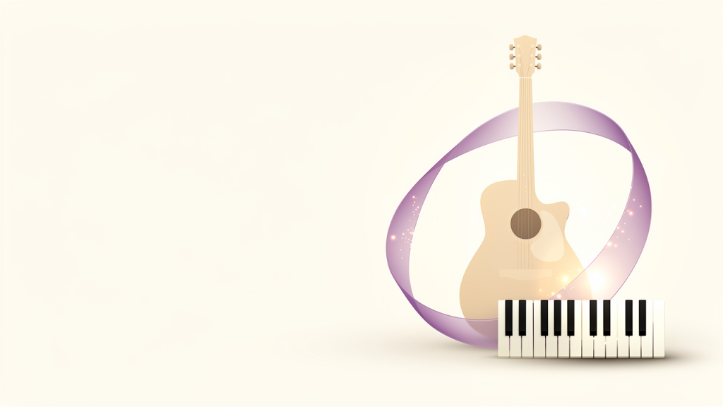 Ilustrasi gitar akustik dan kekunci piano tanpa jenama dengan reben ungu untuk kedai alat muzik kecil.