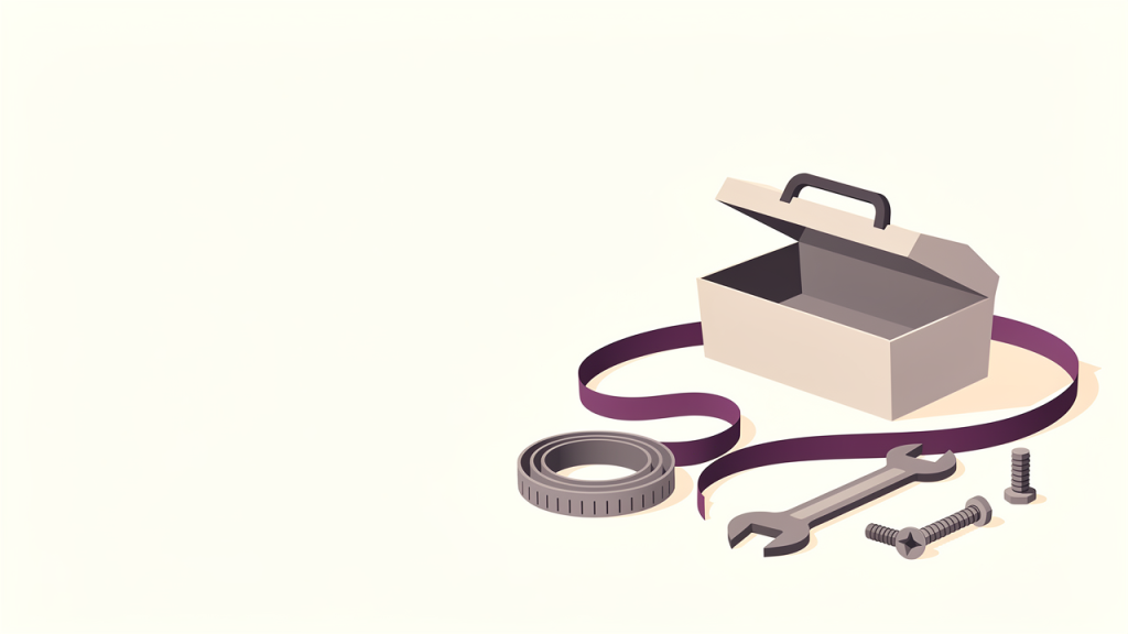 Ilustrasi toolbox, spanar, pita ukur dan skru untuk panduan AI kedai hardware kecil Malaysia