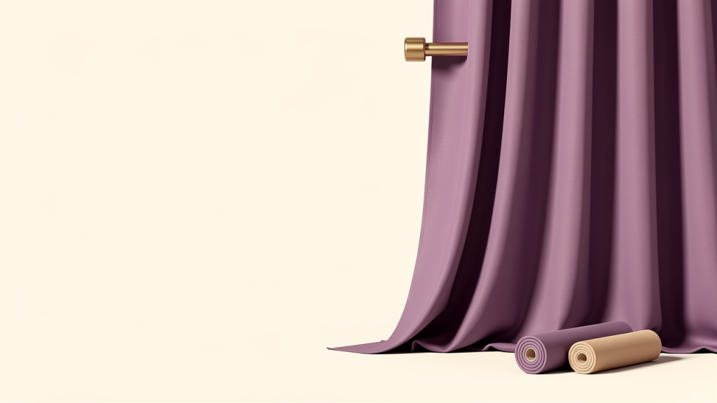 Ilustrasi langsir violet dan gulungan fabrik tanpa label untuk kedai langsir kecil