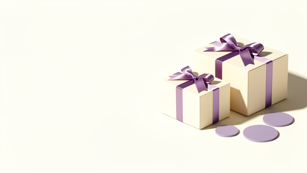 Dua kotak hadiah polos dengan reben violet untuk ilustrasi semakan penghantaran hamper korporat