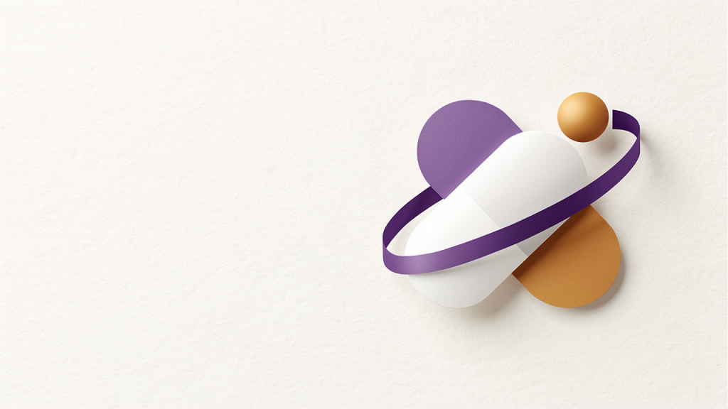 Komposisi bentuk reka grafik bertindih dengan ribbon violet dan ruang kiri kosong, ilustrasi kawalan skop revisi studio.